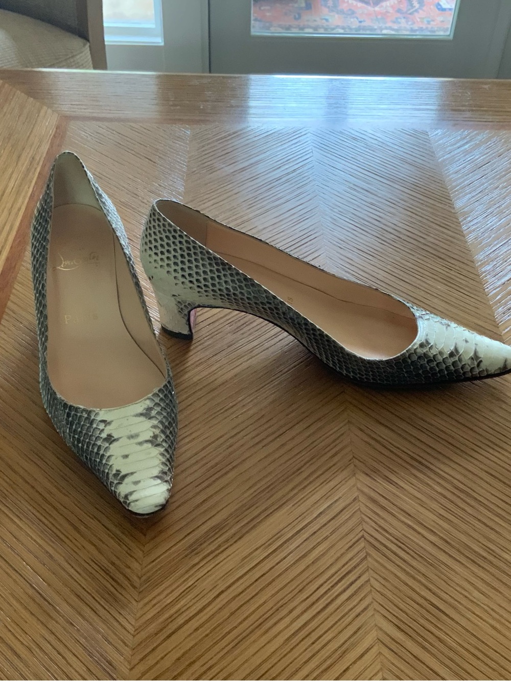 Christian Louboutin Snakeskin Pointed-Toe Pumps in White and Gray